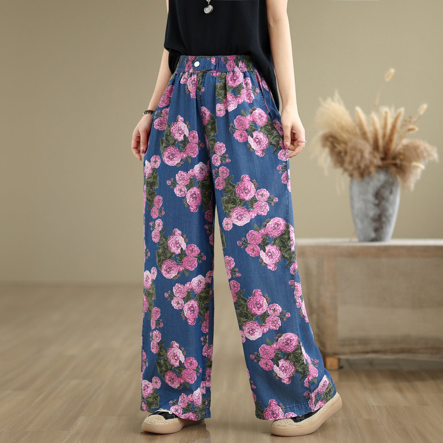 Women's Print Jeans Elastic Waist Wide Leg Pants