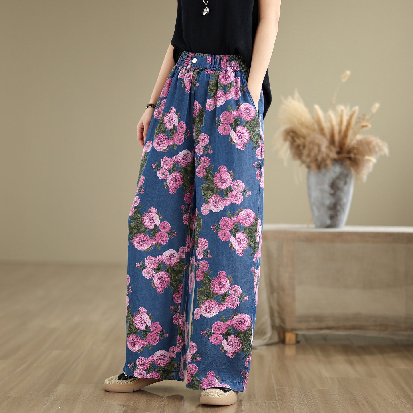 Women's Print Jeans Elastic Waist Wide Leg Pants