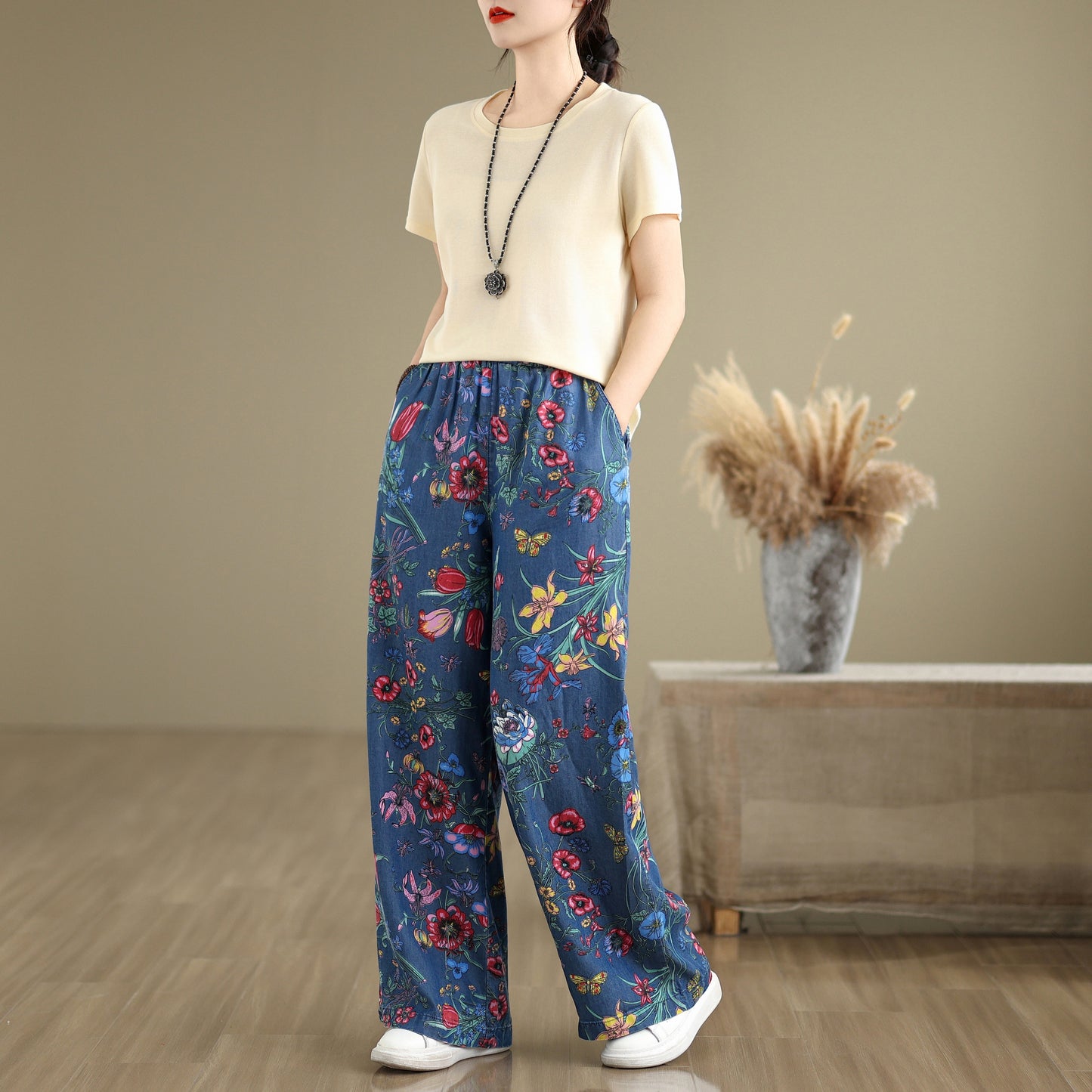 Women's Print Jeans Elastic Waist Wide Leg Pants