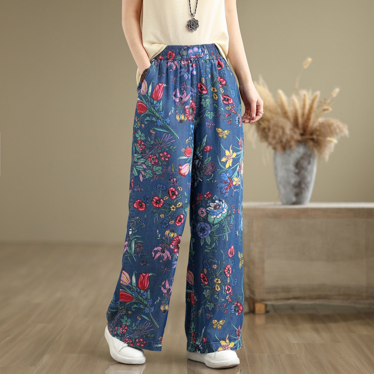 Women's Print Jeans Elastic Waist Wide Leg Pants