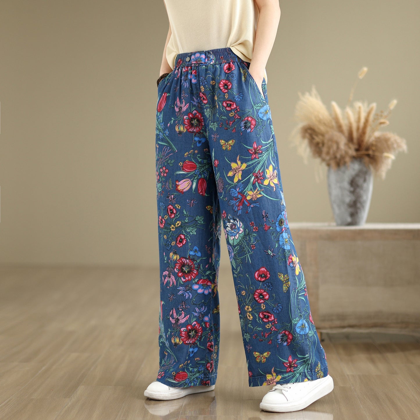 Women's Print Jeans Elastic Waist Wide Leg Pants