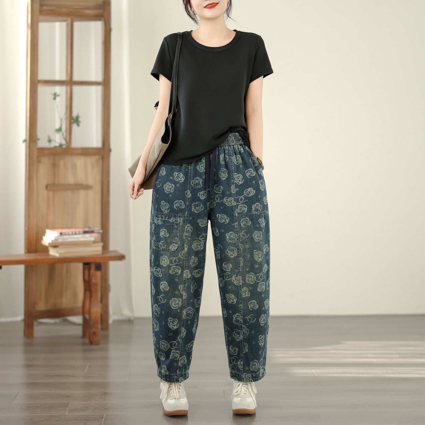 Women's Baggy Jeans Drawstring Elastic Barrel Denim Pants