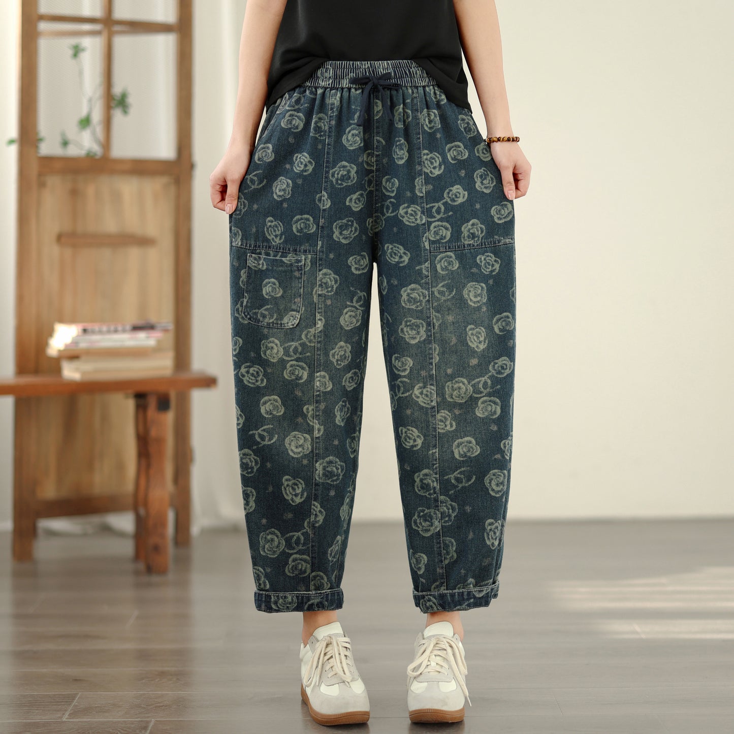 Women's Baggy Jeans Drawstring Elastic Barrel Denim Pants