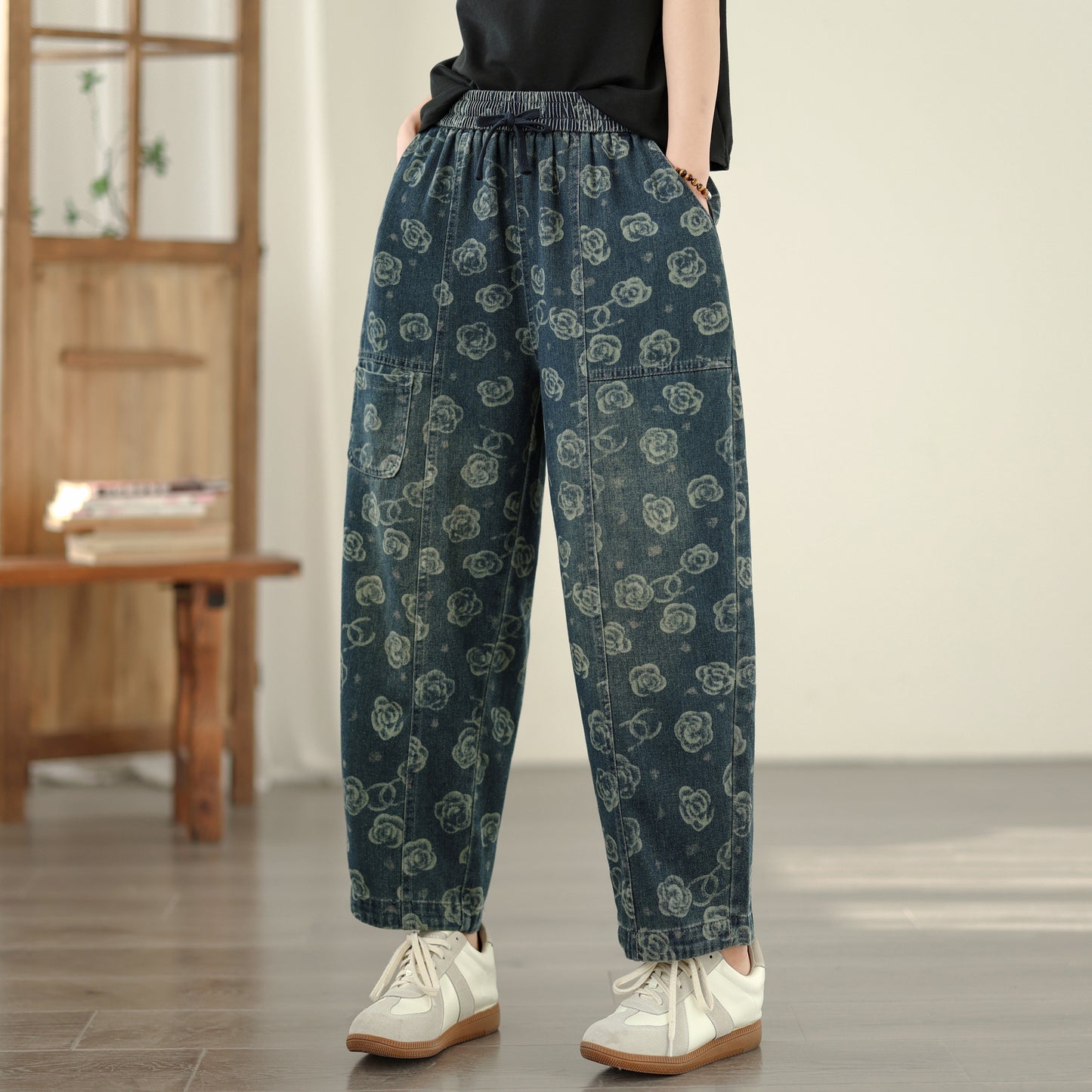 Women's Baggy Jeans Drawstring Elastic Barrel Denim Pants