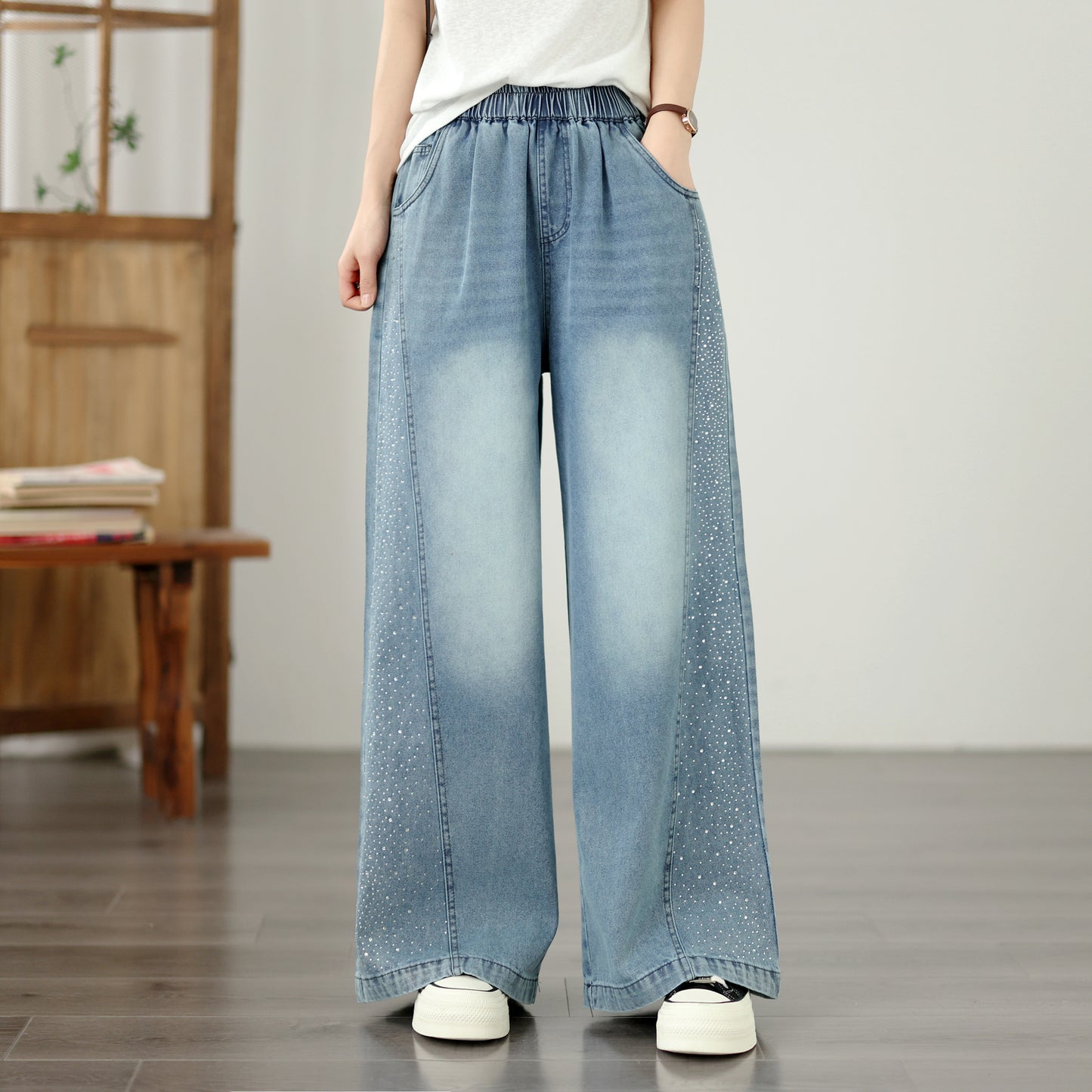 Women's Wide Leg Jeans Elastic Waist  Casual Loose Curved Pants - LAI MENG FIVE CATS