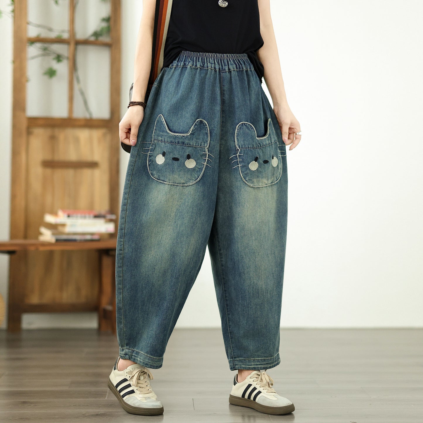 Women's Baggy Jeans Pattern Elastic Waist Pants