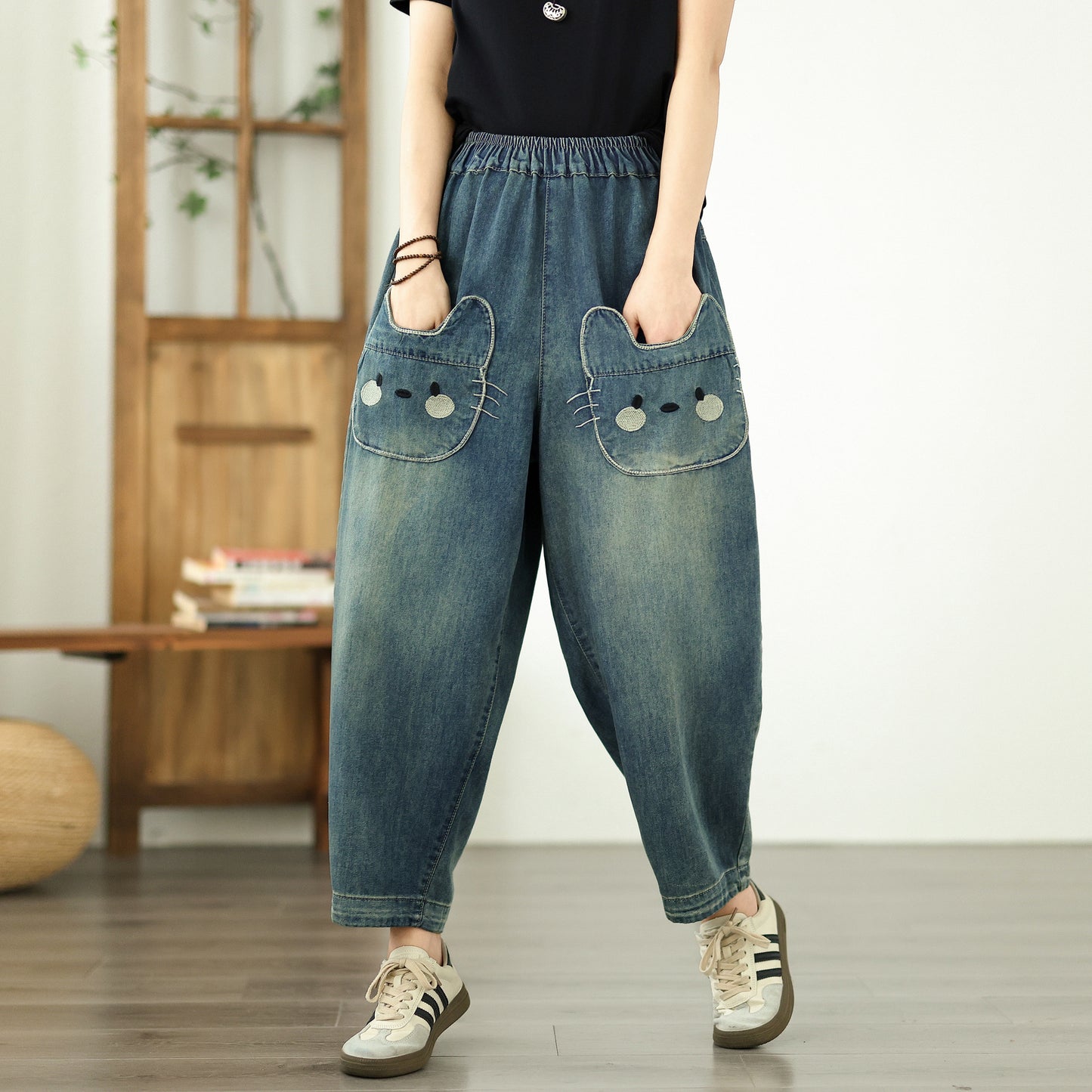 Women's Baggy Jeans Pattern Elastic Waist Pants