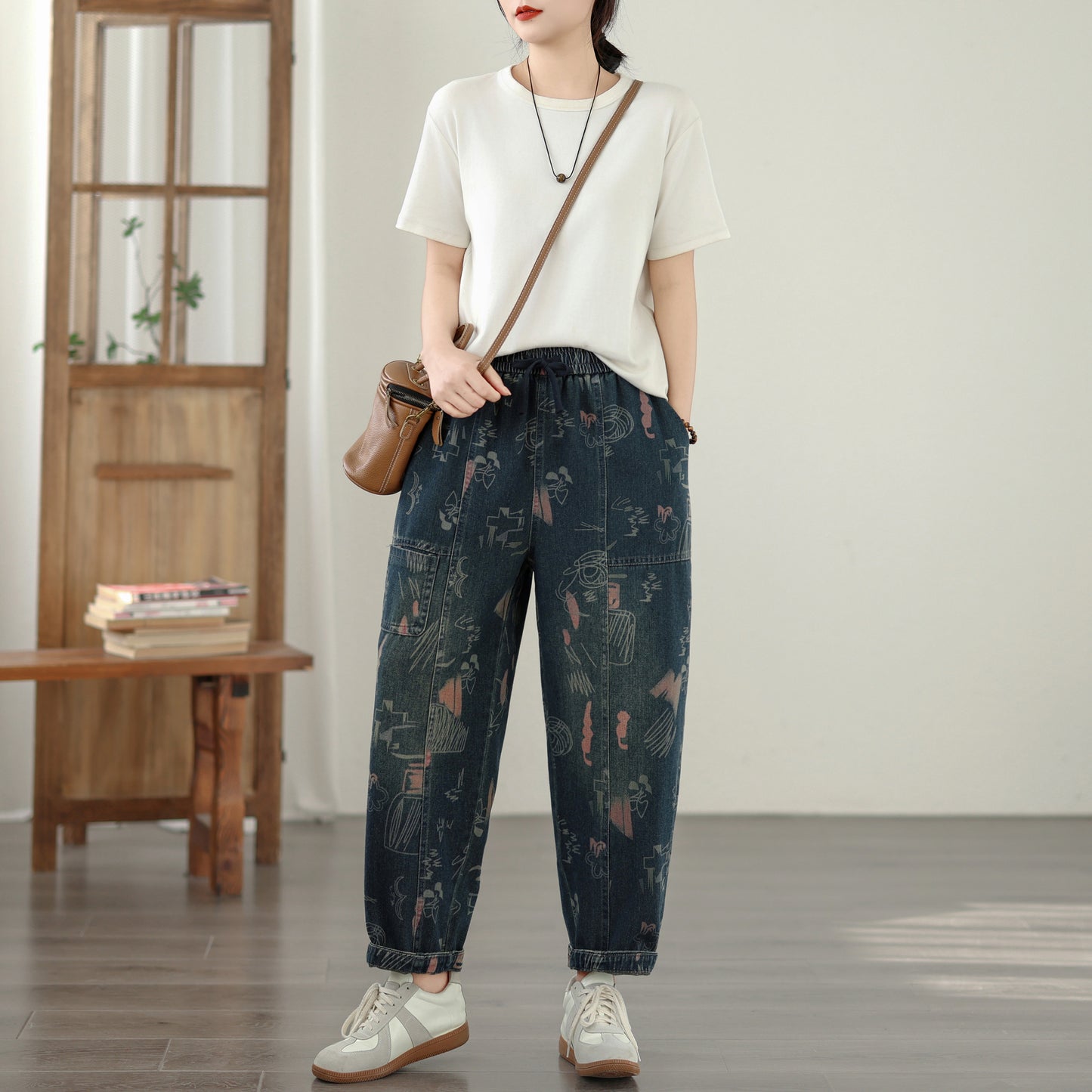 Women's Baggy Jeans Drawstring Elastic Barrel Denim Pants