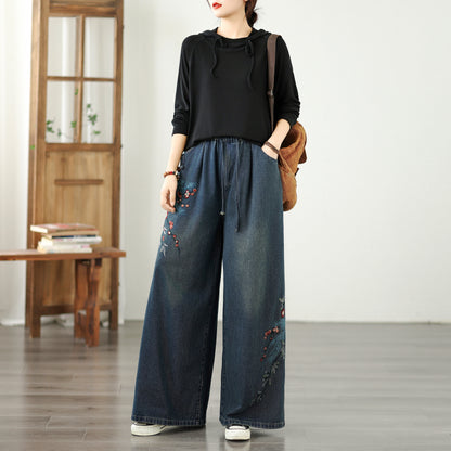 Women's Baggy Jeans Embroidery Drawstring Waist Wide Leg