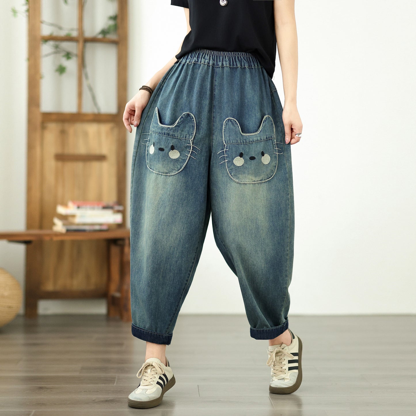 Women's Baggy Jeans Pattern Elastic Waist Pants