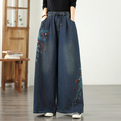 Women's Baggy Jeans Embroidery Drawstring Waist Wide Leg