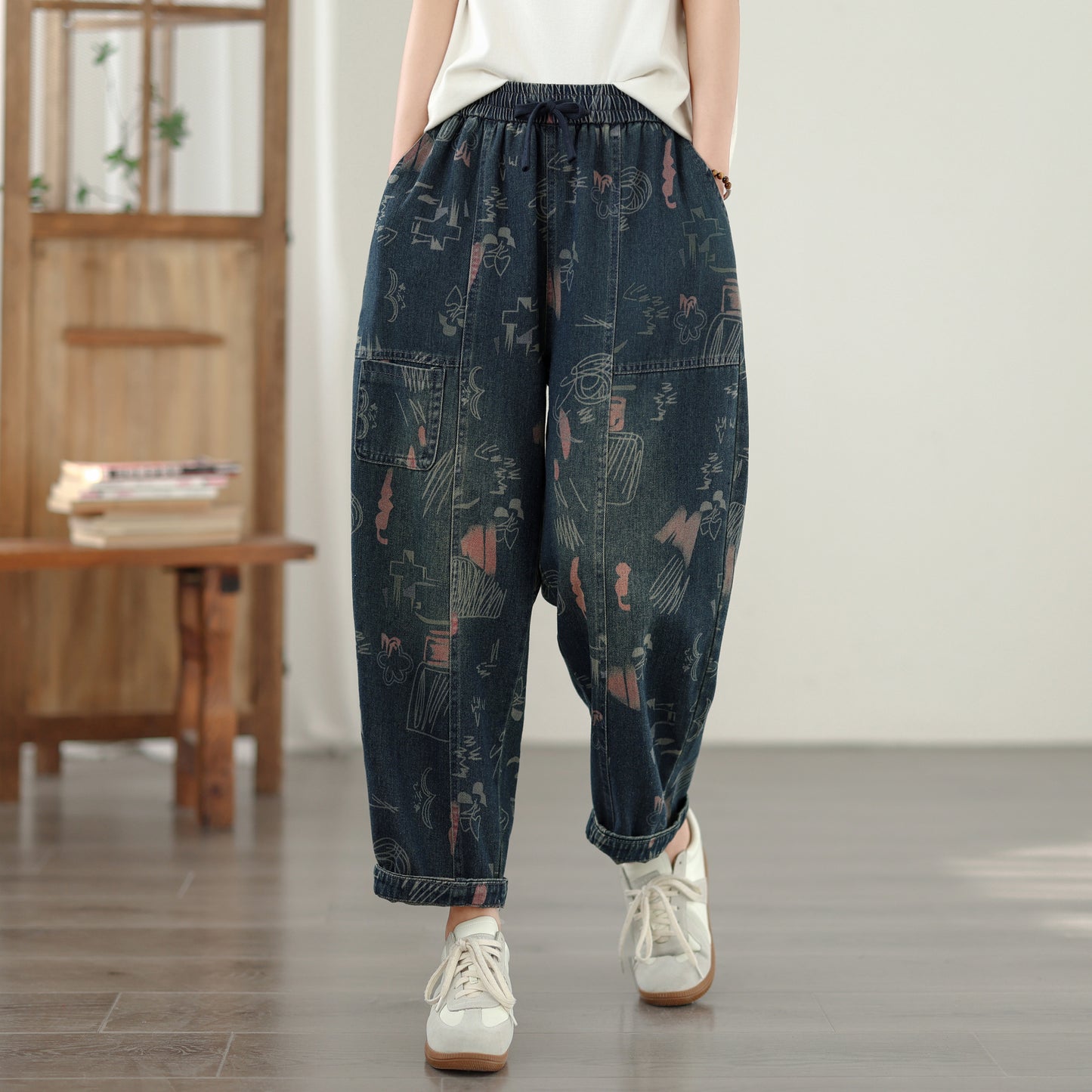 Women's Baggy Jeans Drawstring Elastic Barrel Denim Pants