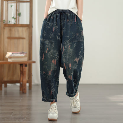 Women's Baggy Jeans Drawstring Elastic Barrel Denim Pants