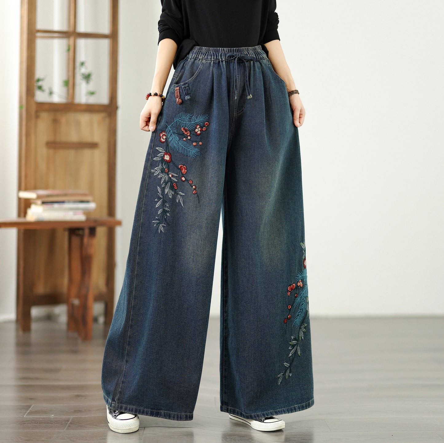Women's Baggy Jeans Embroidery Drawstring Waist Wide Leg