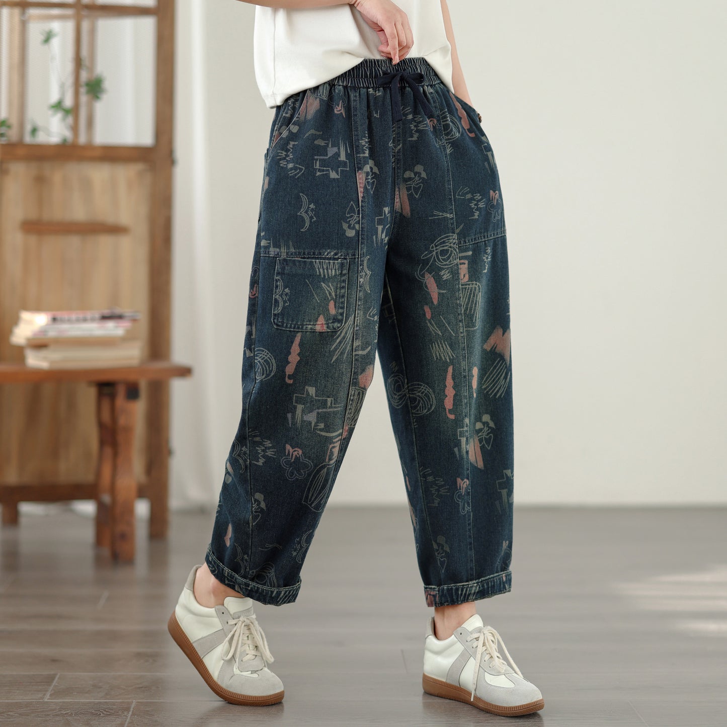 Women's Baggy Jeans Drawstring Elastic Barrel Denim Pants
