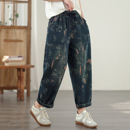 Women's Baggy Jeans Drawstring Elastic Barrel Denim Pants