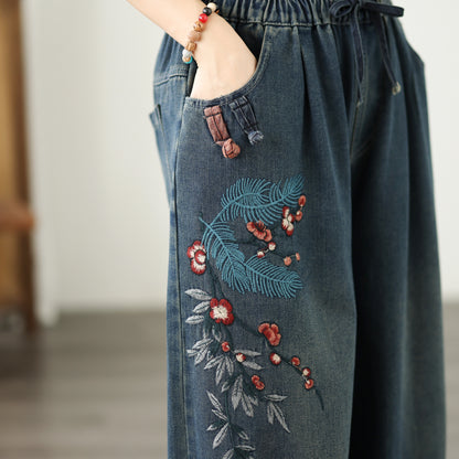 Women's Baggy Jeans Embroidery Drawstring Waist Wide Leg