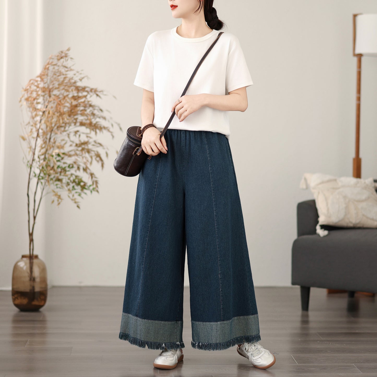Women's Elastic Waist Wide Leg Denim Pants
