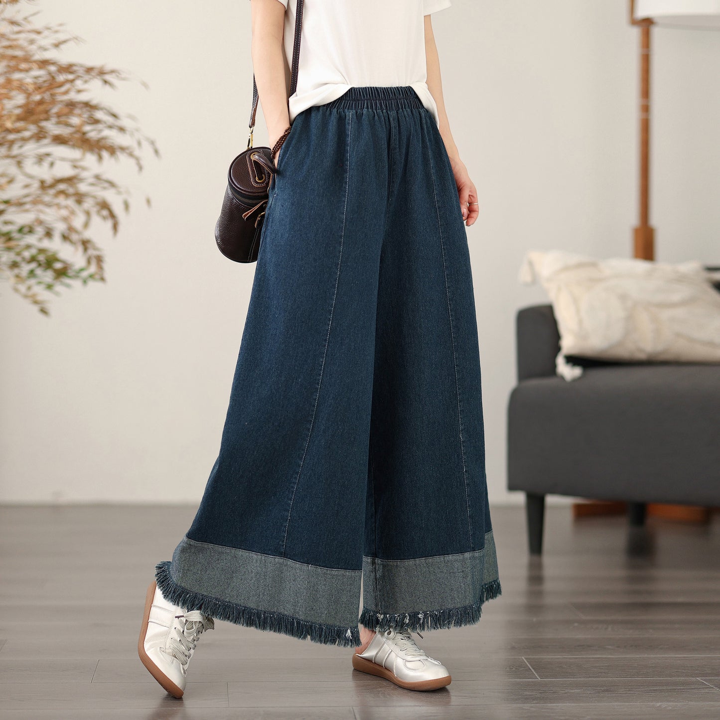 Women's Elastic Waist Wide Leg Denim Pants