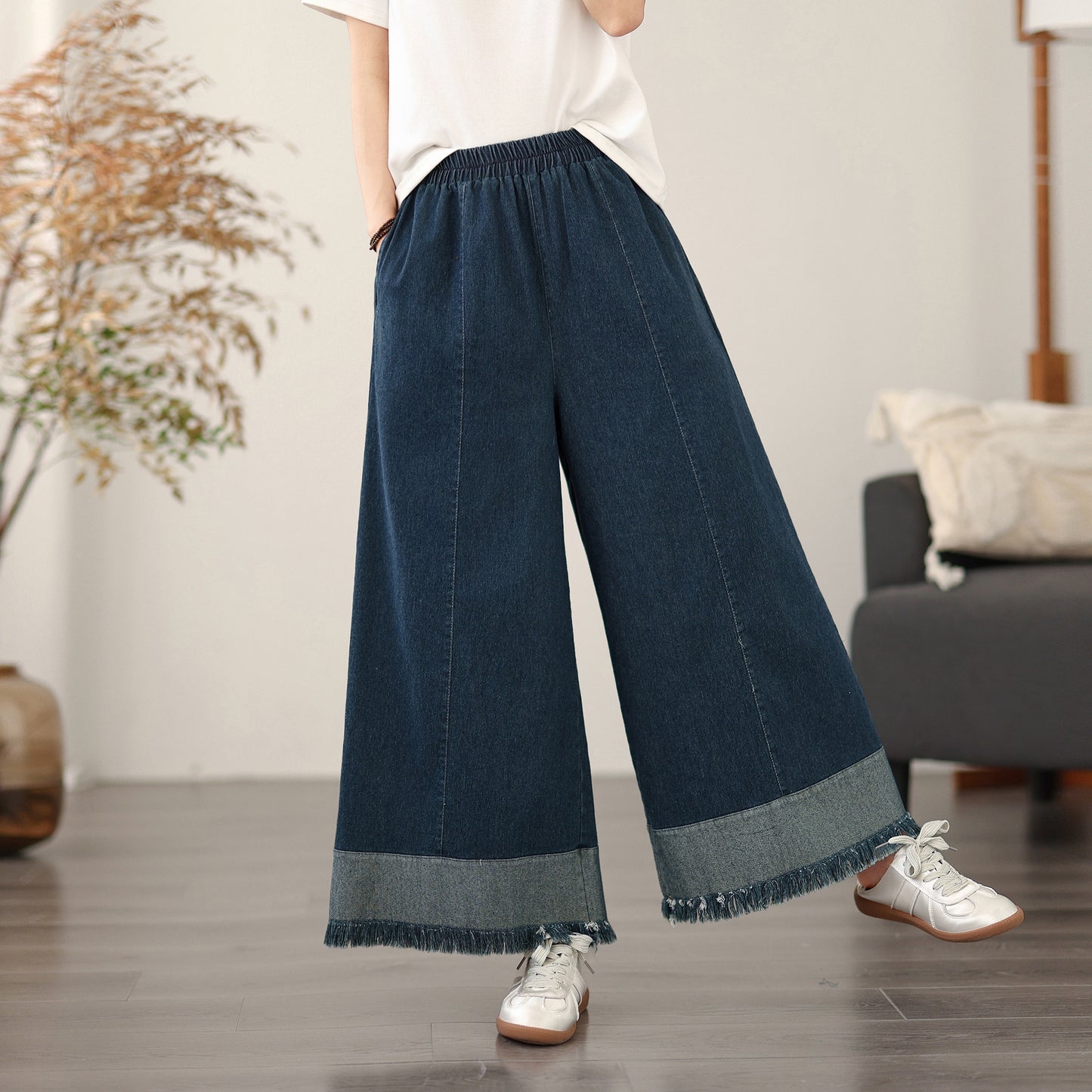 Women's Elastic Waist Wide Leg Denim Pants