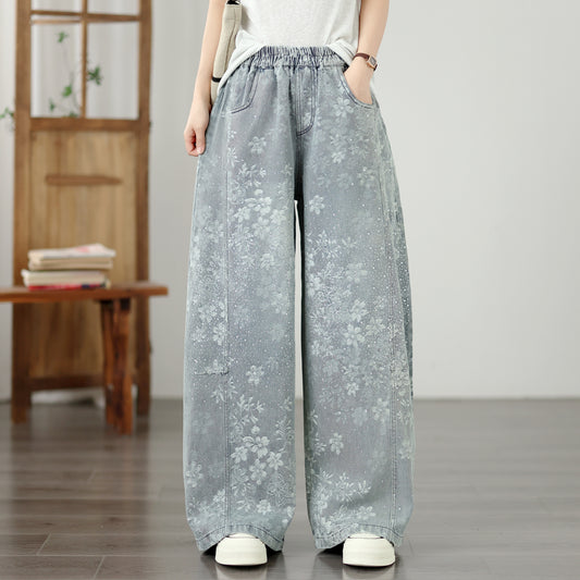 Women's Wide Leg Jeans Elastic Waist  Casual Loose Curved Pants - LAI MENG FIVE CATS