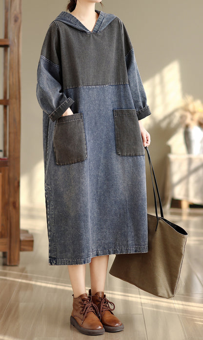 27991 Colorblock Denim Hooded Midi Dress With Pockets