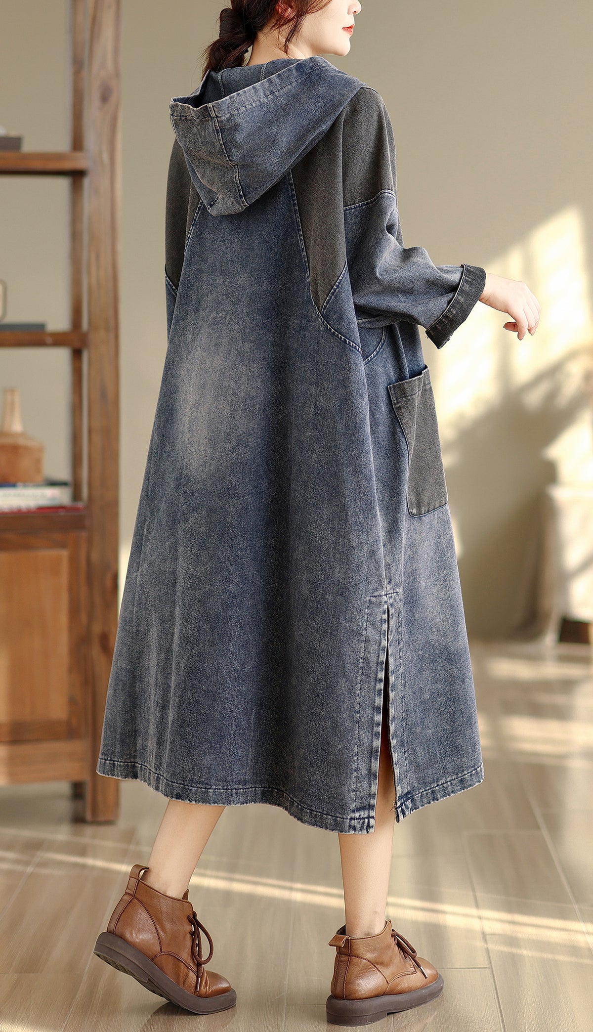 27991 Colorblock Denim Hooded Midi Dress With Pockets