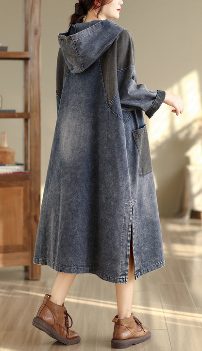 27991 Colorblock Denim Hooded Midi Dress With Pockets
