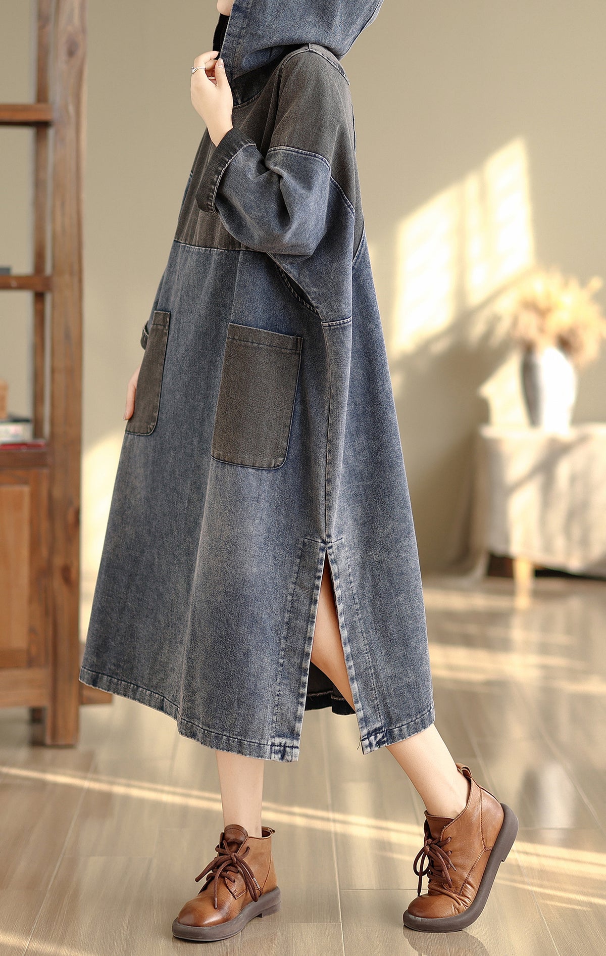 27991 Colorblock Denim Hooded Midi Dress With Pockets