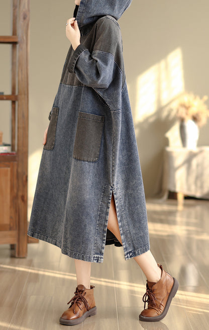 27991 Colorblock Denim Hooded Midi Dress With Pockets