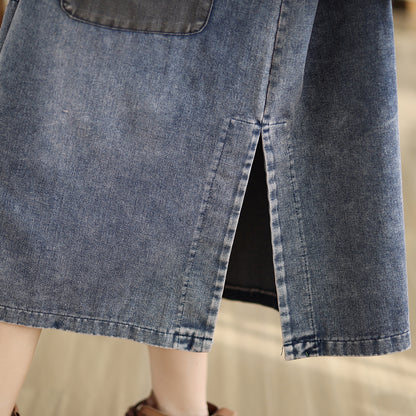 27991 Colorblock Denim Hooded Midi Dress With Pockets