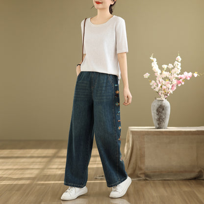 Women's Elastic Waist Embroidery Jeans Pants