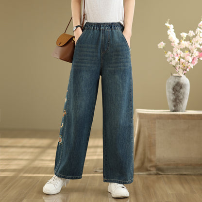 Women's Elastic Waist Embroidery Jeans Pants