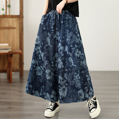 Floral Print Lightweight Wide Leg Denim Pants