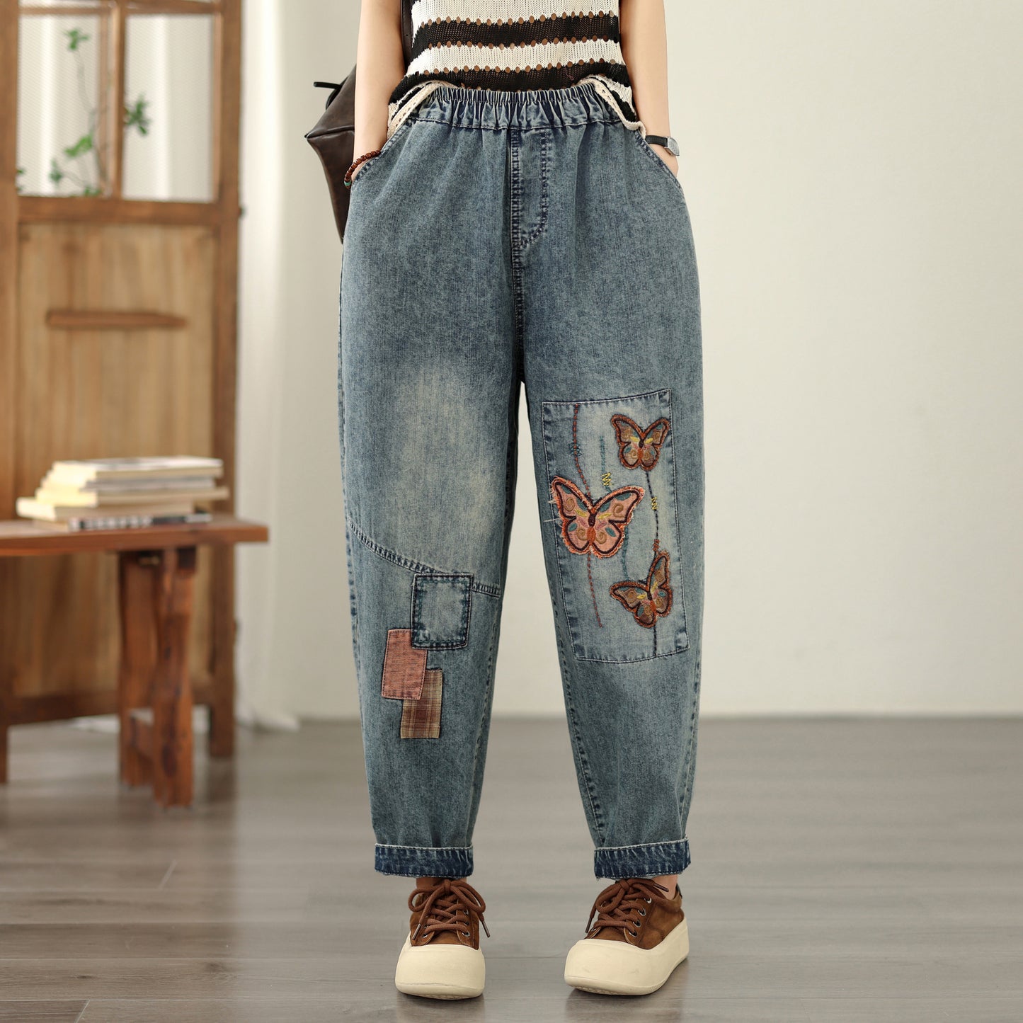 Women's Casual Denim Harem Jeans Elastic Waist Loose Pants - LAI MENG FIVE CATS