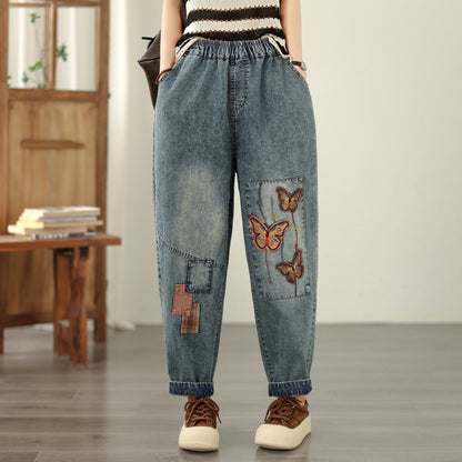 Women's Casual Denim Harem Jeans Elastic Waist Loose Pants - LAI MENG FIVE CATS