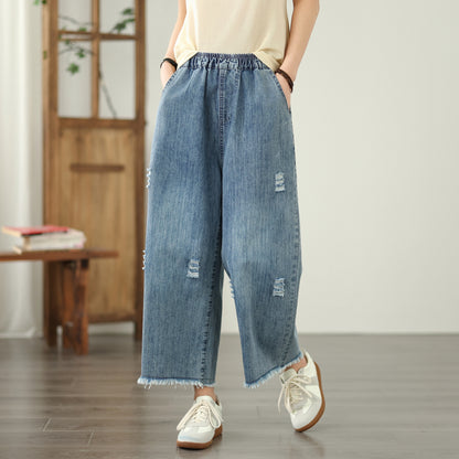 Women's Embroidery Wide Leg Denim Fringe Jeans
