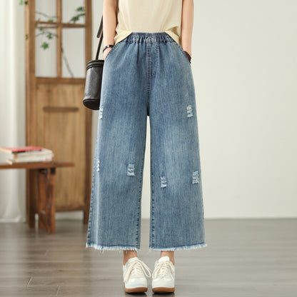 Women's Embroidery Wide Leg Denim Fringe Jeans