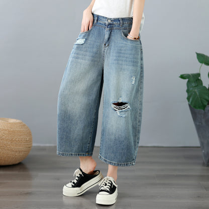 Lightweight Distressed Cropped Wide Leg Jeans