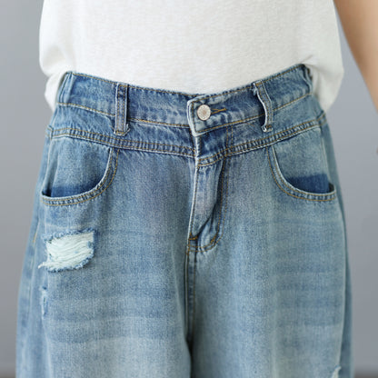 Lightweight Distressed Cropped Wide Leg Jeans