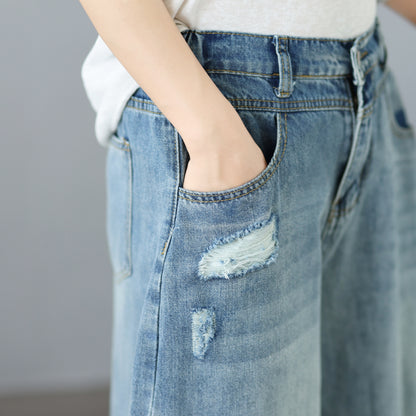 Lightweight Distressed Cropped Wide Leg Jeans
