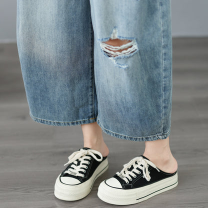 Lightweight Distressed Cropped Wide Leg Jeans