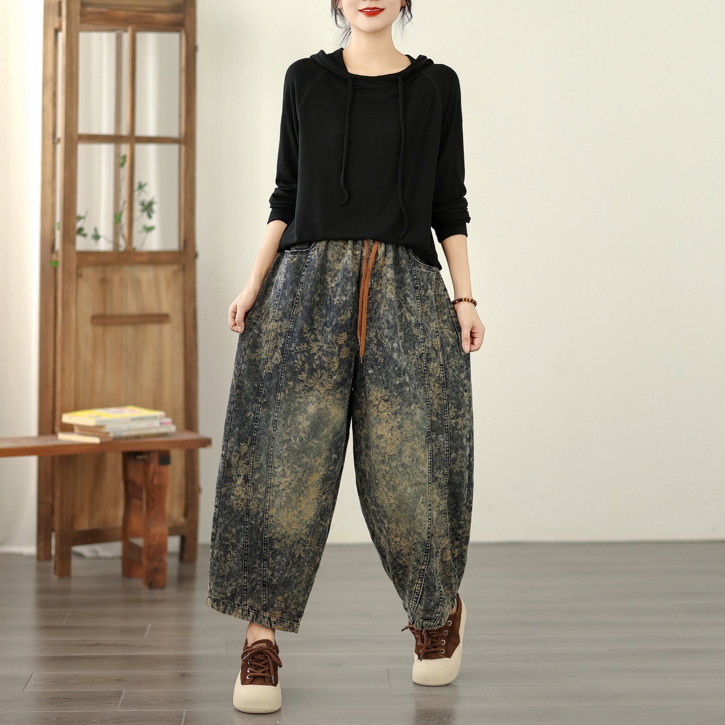 Women's Harem Baggy Jeans Drawstring Barrel Denim