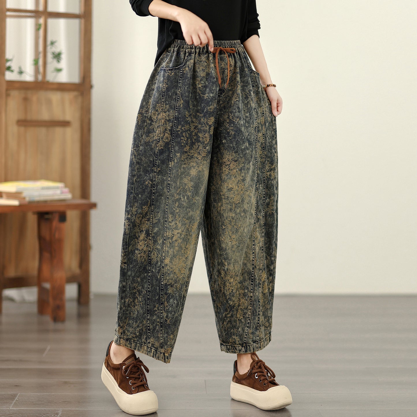Women's Harem Baggy Jeans Drawstring Barrel Denim
