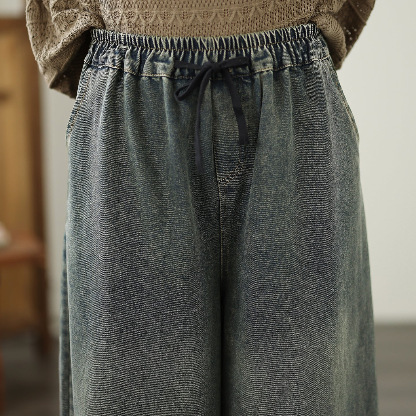 Women's Baggy Jeans Embroidery Drawstring Wide Leg