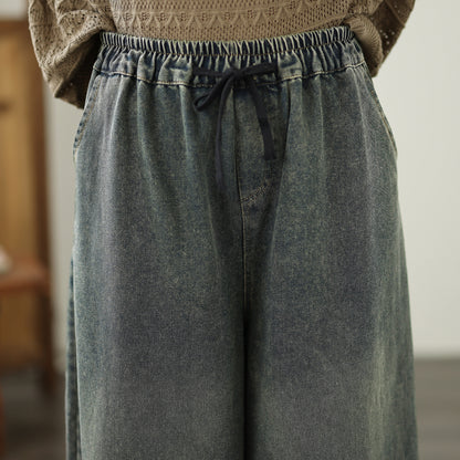 Women's Baggy Jeans Embroidery Drawstring Wide Leg