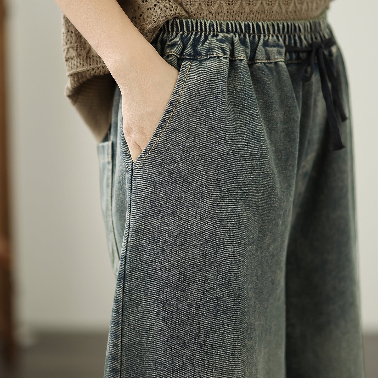 Women's Baggy Jeans Embroidery Drawstring Wide Leg