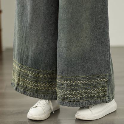 Women's Baggy Jeans Embroidery Drawstring Wide Leg