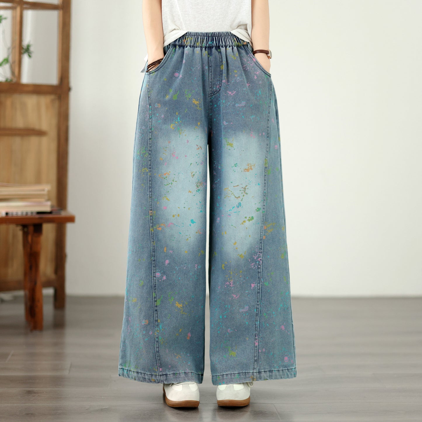 Women’s Wide-Leg Denim Pants – Elastic Waist, Paint Splatter Print, Casual Loose Fit Jeans - LAI MENG FIVE CATS