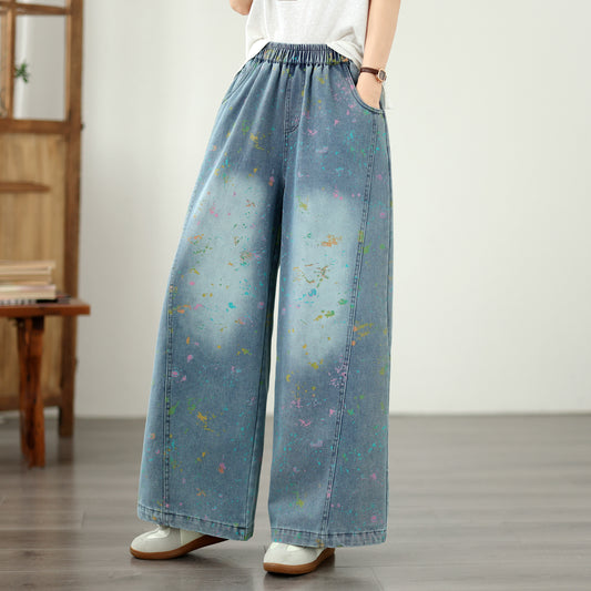 Women’s Wide-Leg Denim Pants – Elastic Waist, Paint Splatter Print, Casual Loose Fit Jeans - LAI MENG FIVE CATS